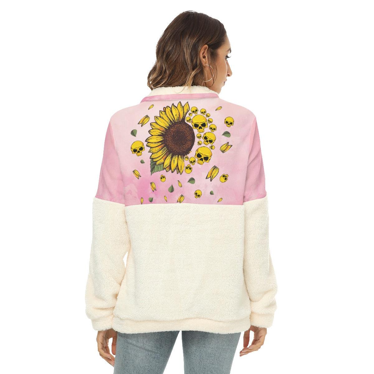 Sunflower Skull Fleece Sweatshirt With Half Zip - Wonder Skull
