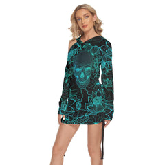 Lotus Pattern Skull Print Open Shoulder Dress - Wonder Skull