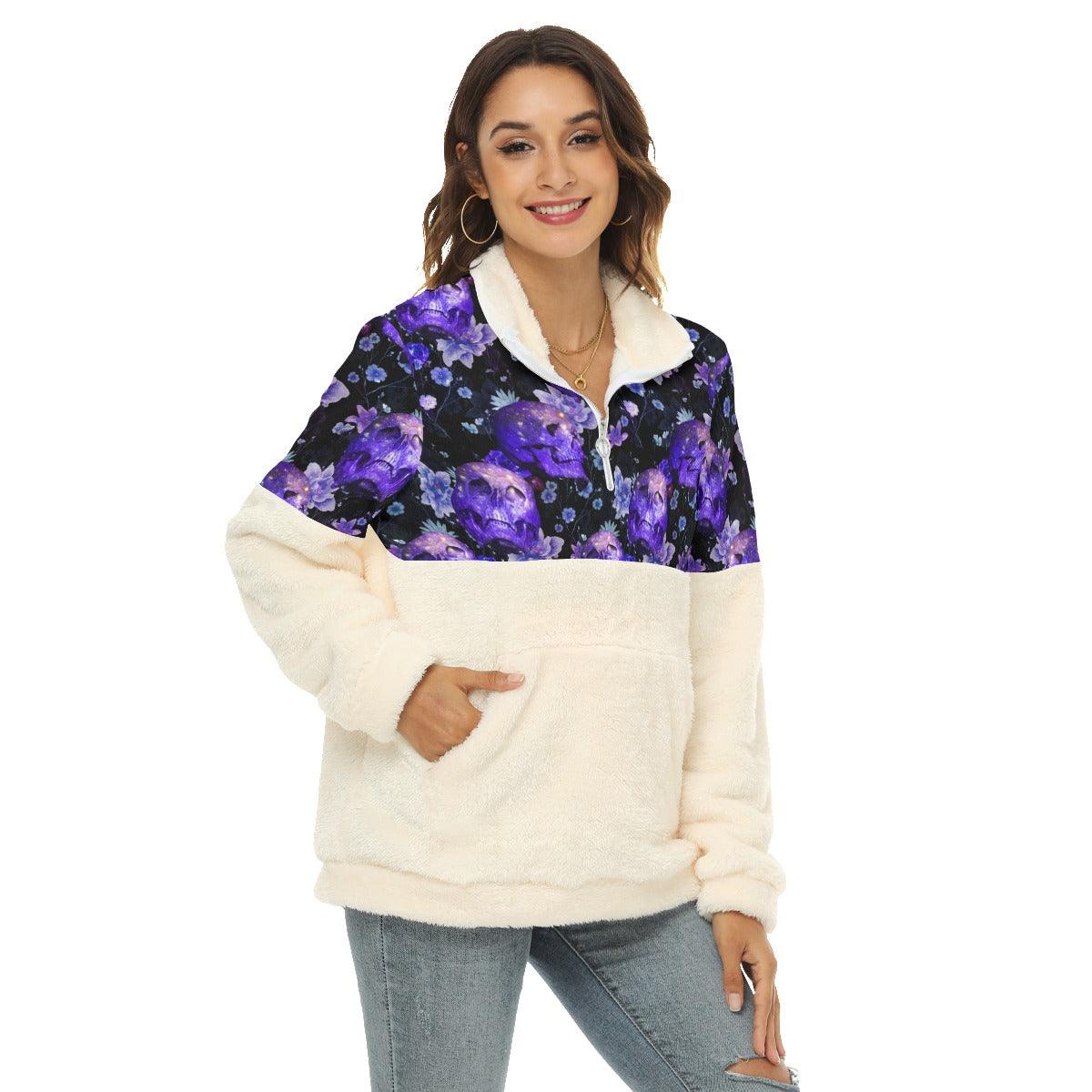 Dark Violet Skull Fleece Sweatshirt With Half Zip - Wonder Skull