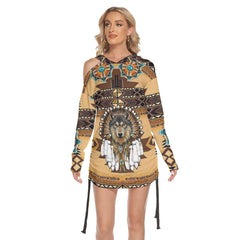 Tribe Wolf All Over Print Women One Shoulder Dress With Waist Shirring, Long Hoodie For Women - Wonder Skull