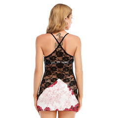 Skull And Red Flower All-Over Print Women's Black Lace Cami Dress - Wonder Skull