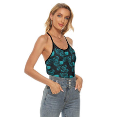 Vintage Blue Gothic Skull Criss-Cross Open Back Tank Top, Trending T-Shirt For Women - Wonder Skull