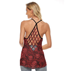 Red Fluid Skull Pattern Criss-Cross Open Back Tank Top, Coolest T-Shirt For Women - Wonder Skull