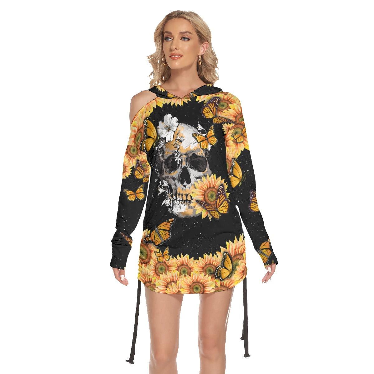 Butterfly Sunflower Skull Print Open Shoulder Dress - Wonder Skull