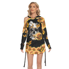 Butterfly Sunflower Skull Print Open Shoulder Dress - Wonder Skull