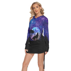 Night Moon Wolf All Over Print Women One Shoulder Dress With Waist Shirring, Long Hoodie For Women - Wonder Skull