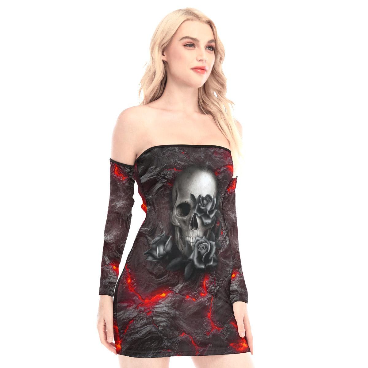 Skull Lava Black Roses Off-shoulder Back Lace-up Dress - Wonder Skull