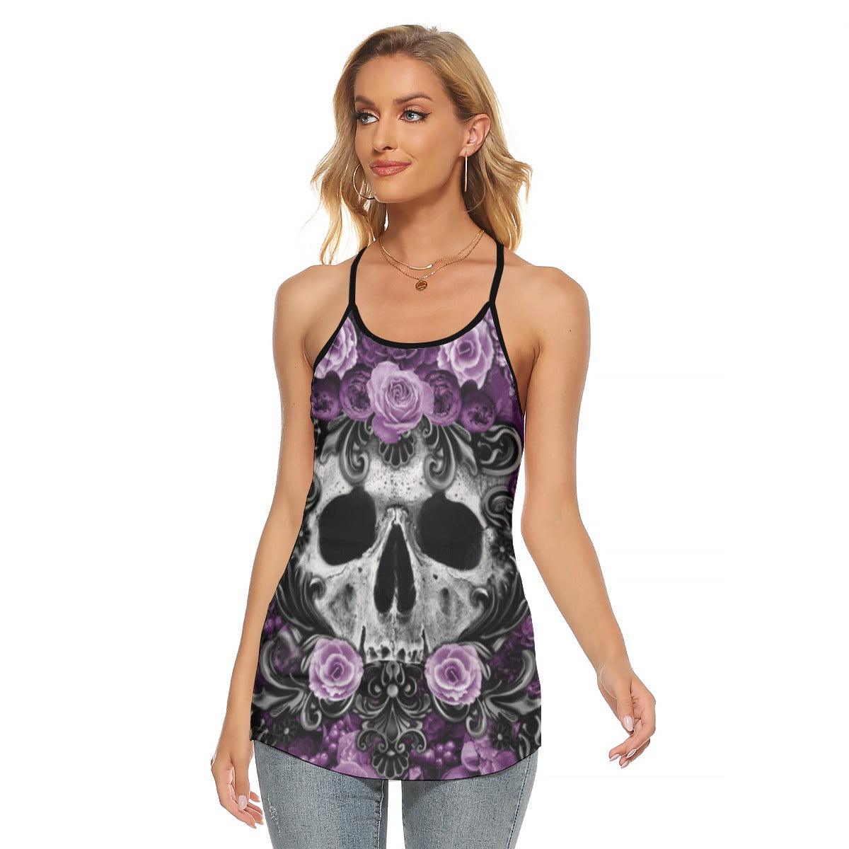 Gothic Skull Purple Roses Criss-Cross Open Back Tank Top, Coolest T-Shirt For Women - Wonder Skull