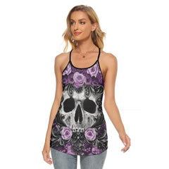 Gothic Skull Purple Roses Criss-Cross Open Back Tank Top, Coolest T-Shirt For Women - Wonder Skull