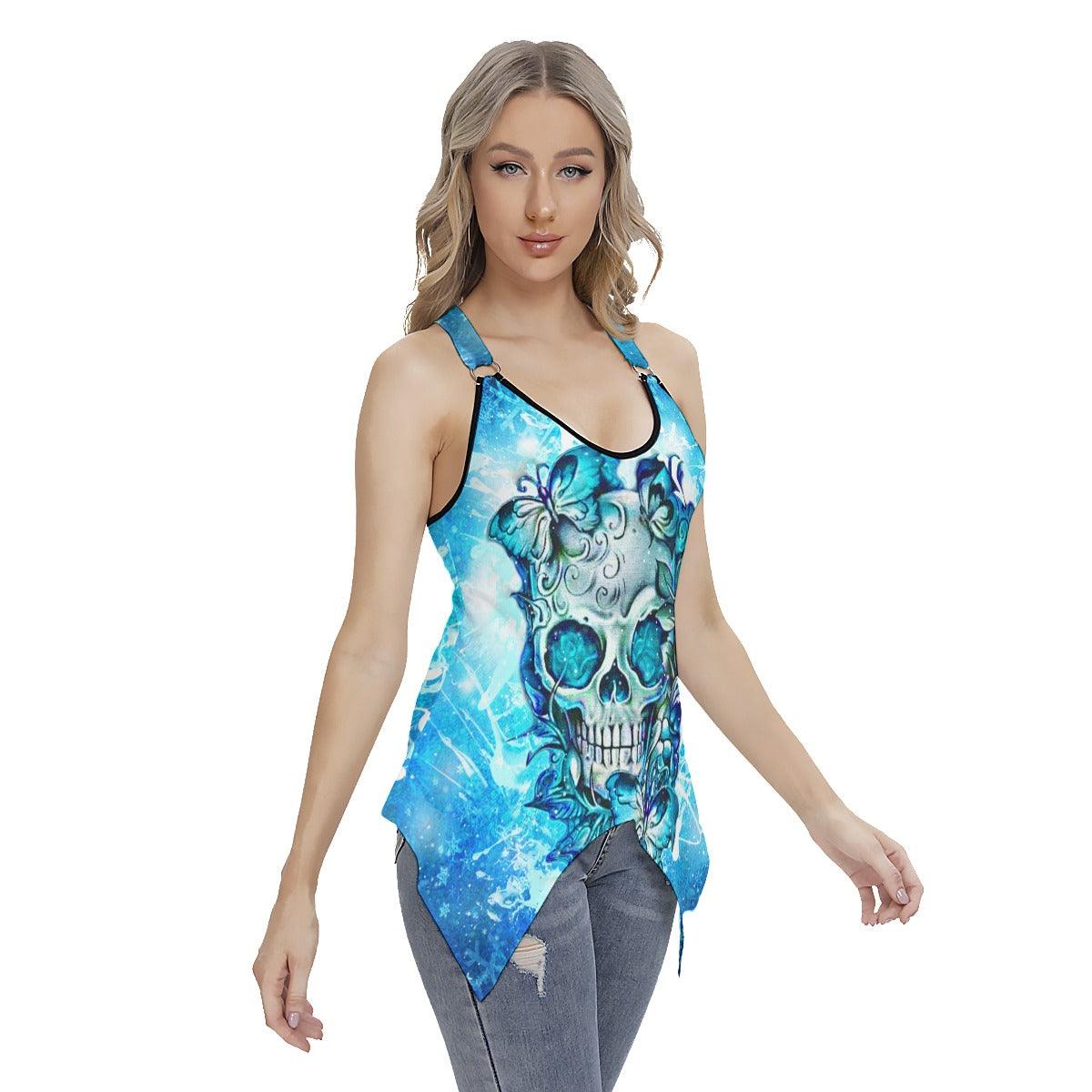 Blue Butterfly Skull Gothic Women's Racing Tank Top With Irregular - Wonder Skull