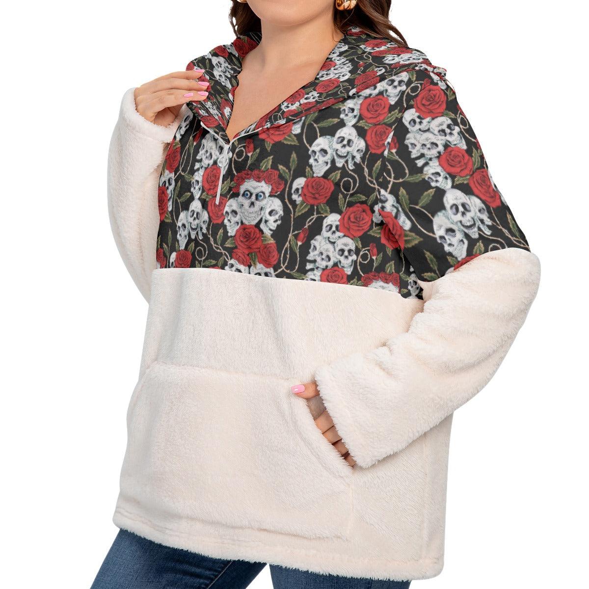 Skull With Rose Borg Fleece Hoodie With Half Zip - Wonder Skull