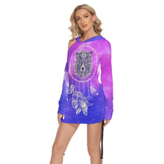 Gradient Wolf Chime All Over Print Women One Shoulder Dress With Waist Shirring, Long Hoodie For Women - Women Skull