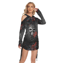Color Drawing Rose Skull Print Open Shoulder Dress - Wonder Skull