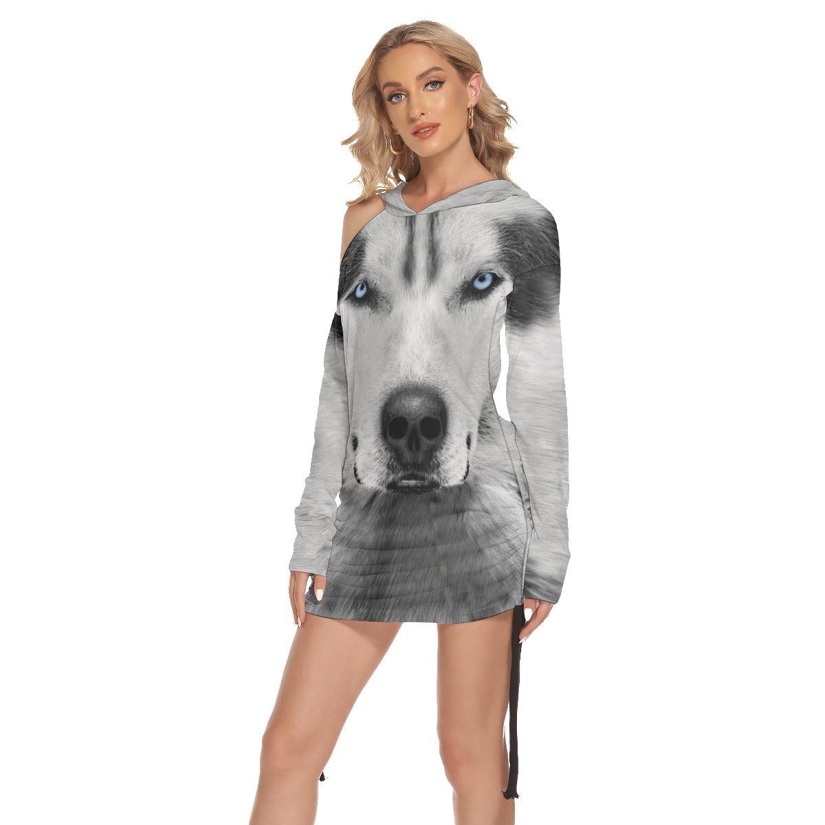 Wolf Face One Shoulder Dress For Women - Wonder Skull