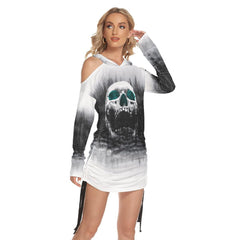 Black White Color Drawing Skull Print Open Shoulder Dress - Wonder Skull