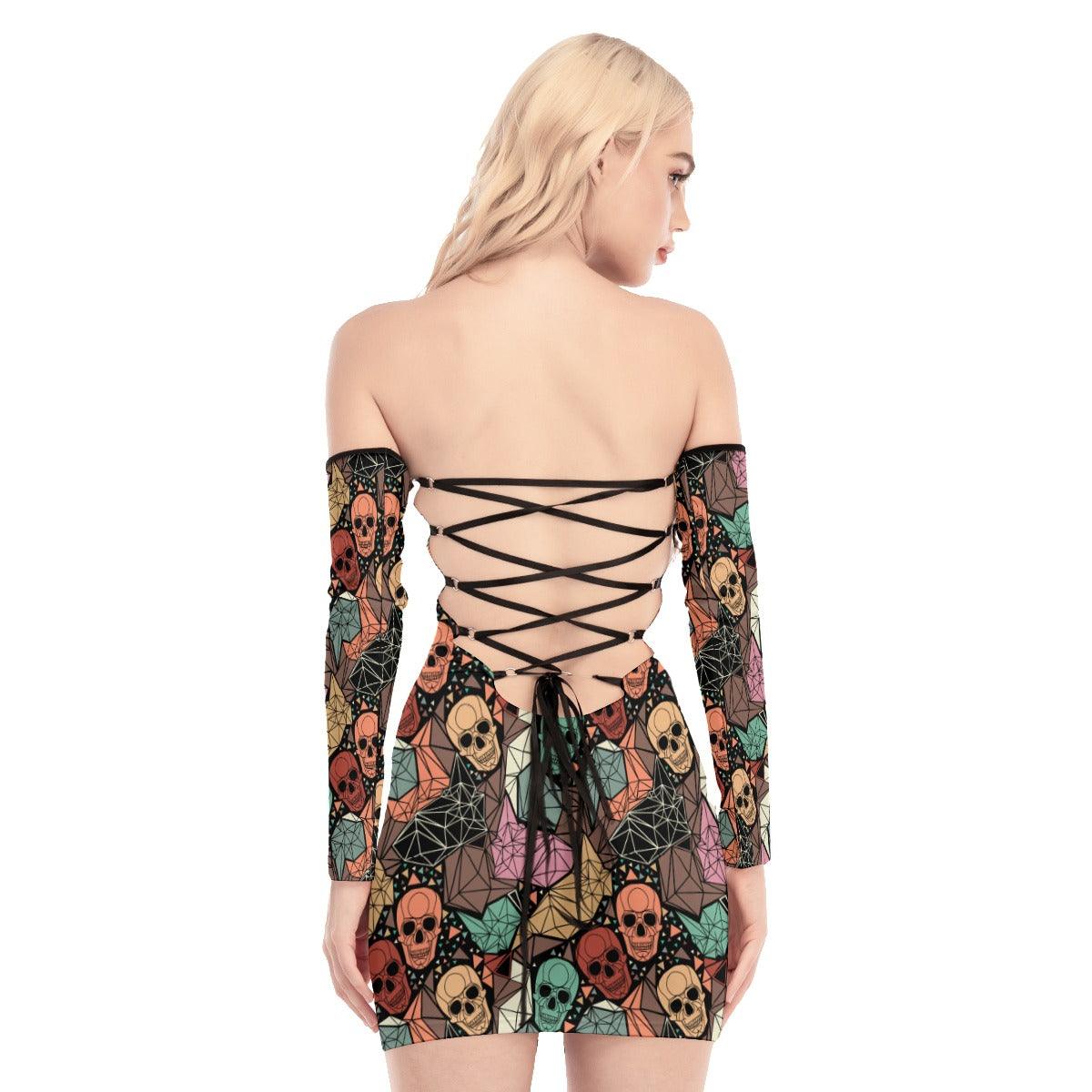 Skull Pattern Off-shoulder Back Lace-up Dress. - Wonder Skull