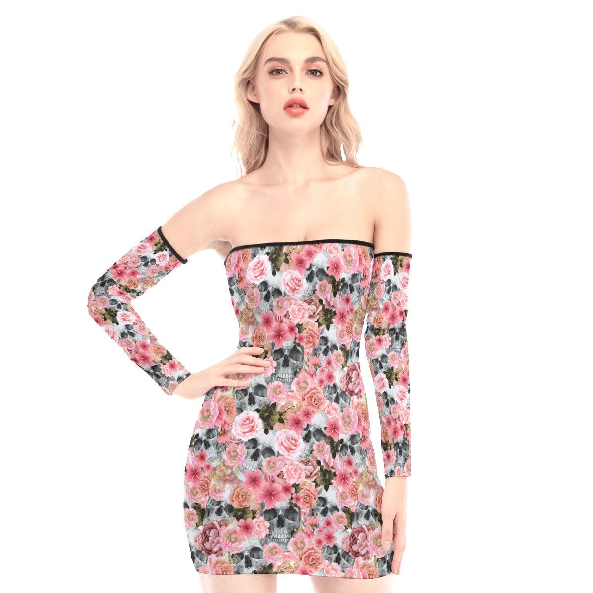 Chaotic Pink Rose Skull Off-shoulder Back Lace-up Dress - Wonder Skull