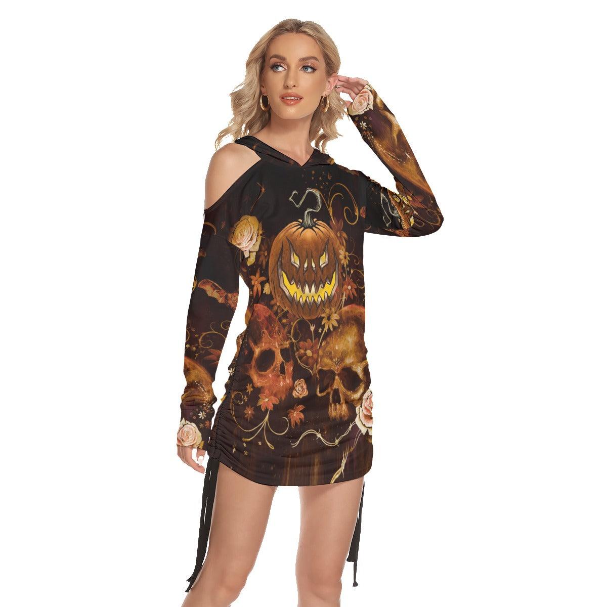 Halloween Skull Pumpkin Night All Over Print Women One Shoulder Dress With Waist Shirring, Long Hoodie For Women - Wonder Skull