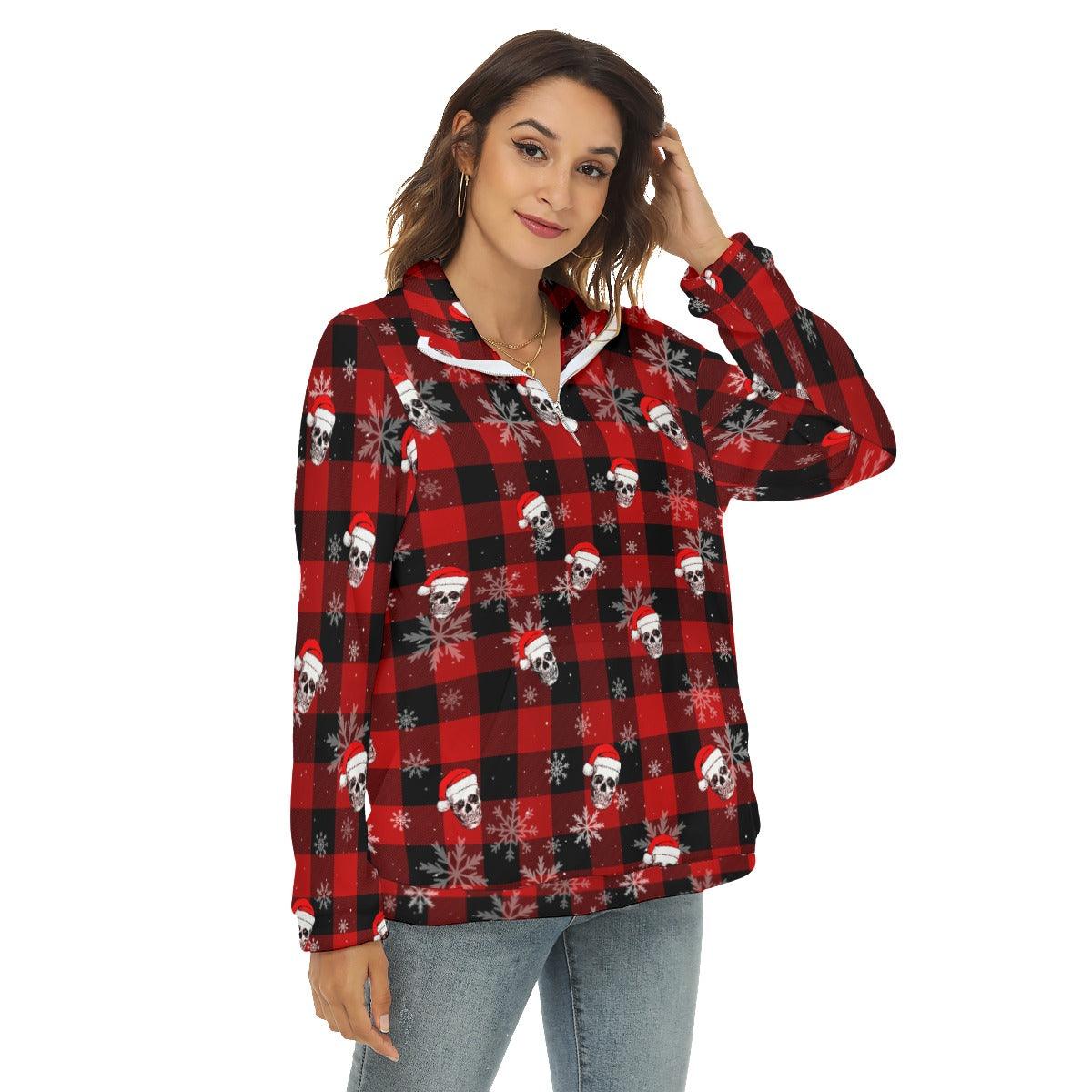 Skull Buffalo Plaid Borg Fleece Sweatshirt With Half Zip - Wonder Skull