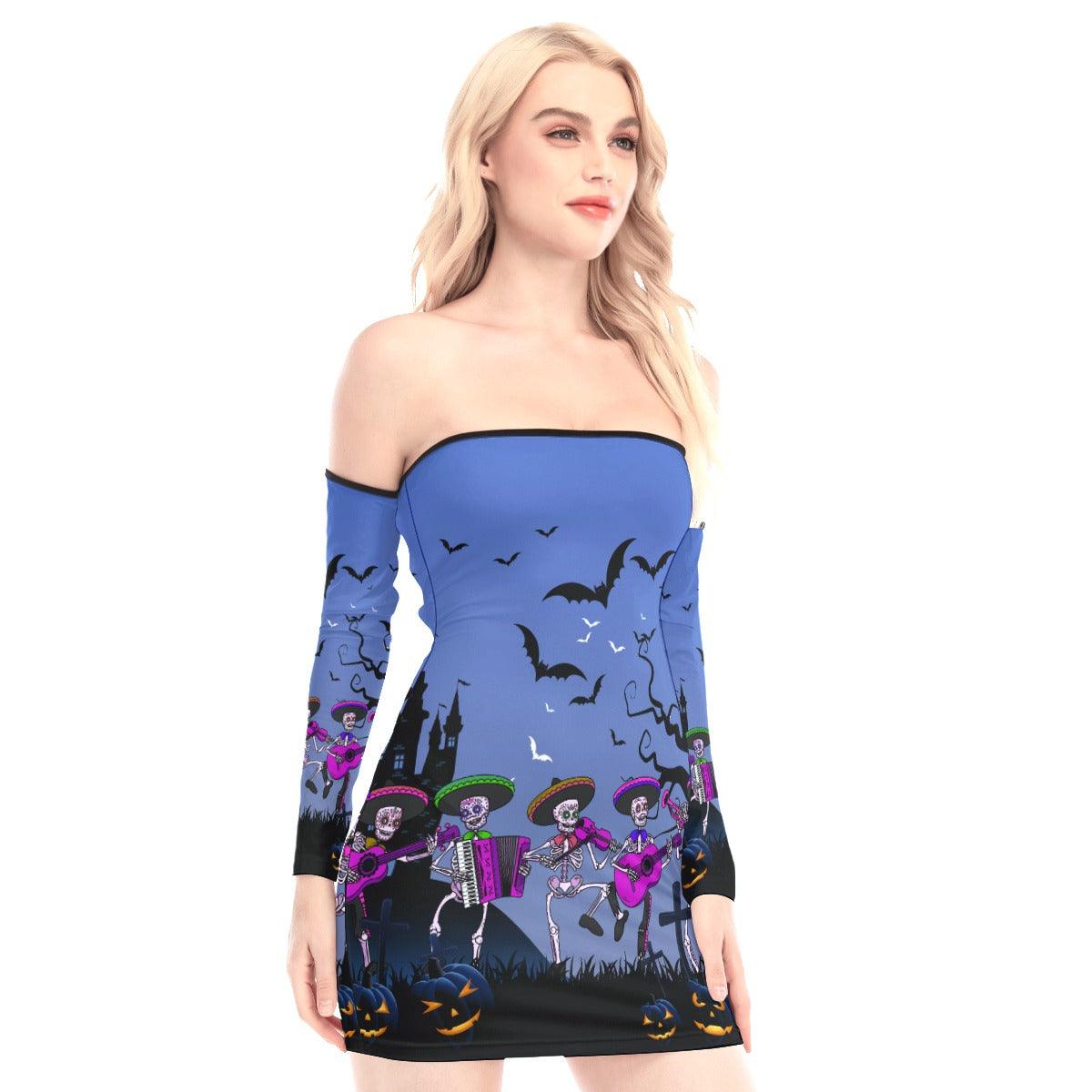 Halloween Skeleton Off-shoulder Back Lace-up Dress - Wonder Skull
