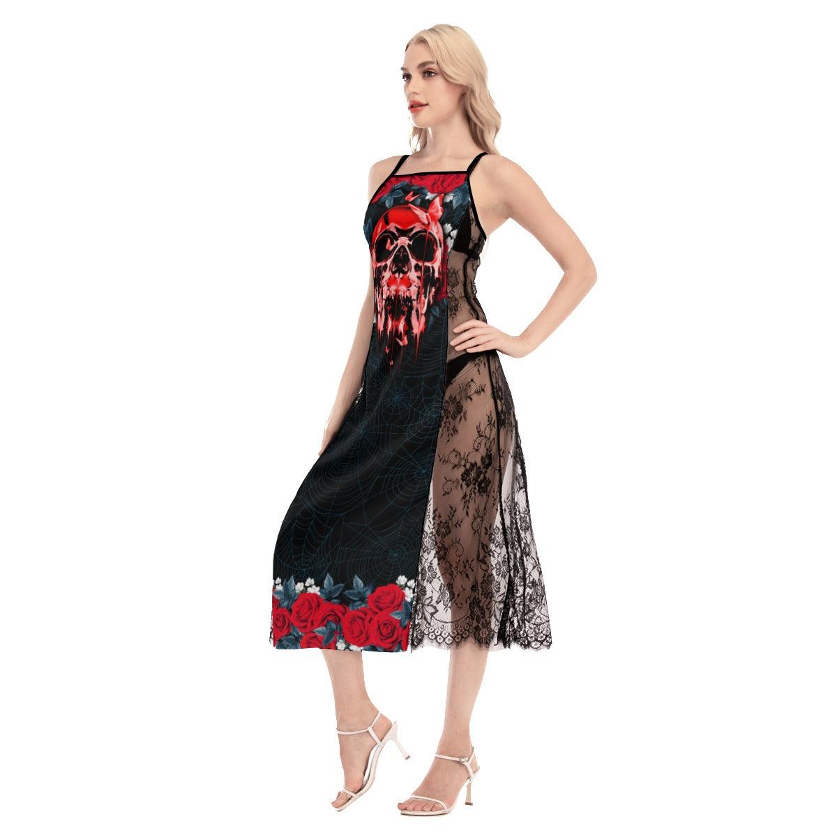 Hot Rose Skull Pattern Lace Cami Cross Back Women Dress - Wonder Skull