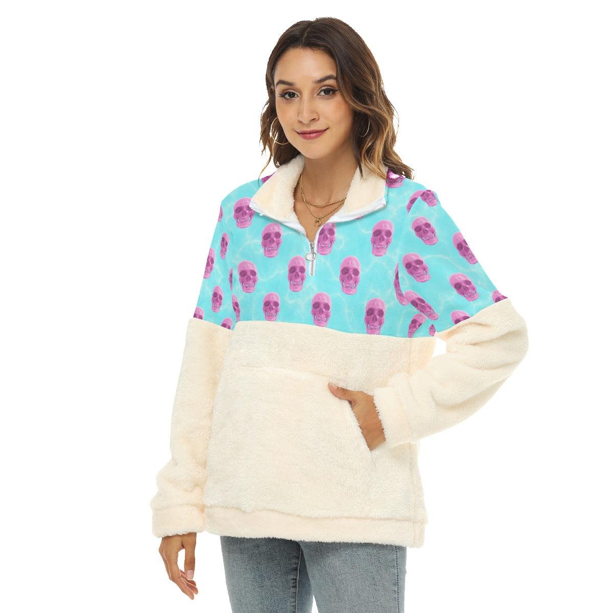 Pink Blue Skull Pattern Fleece Sweatshirt With Half Zip - Wonder Skull