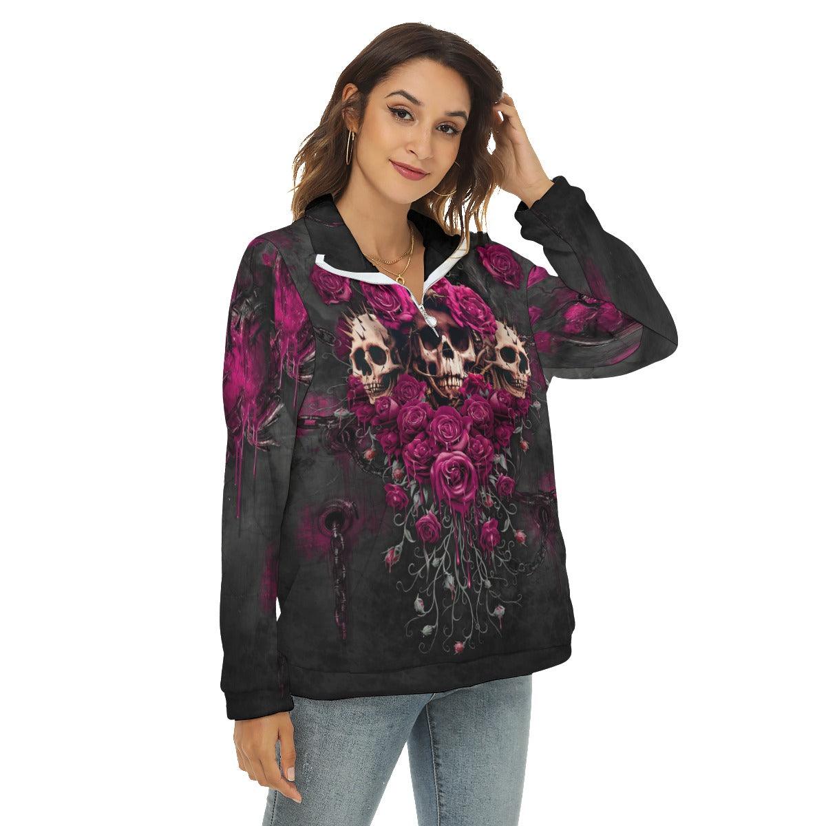 Violet Skull Rose Borg Fleece Sweatshirt With Half Zip - Wonder Skull