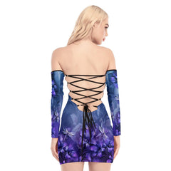Skull Sugar Butterfly Purple Off-shoulder Back Lace-up Dress - Wonder Skull