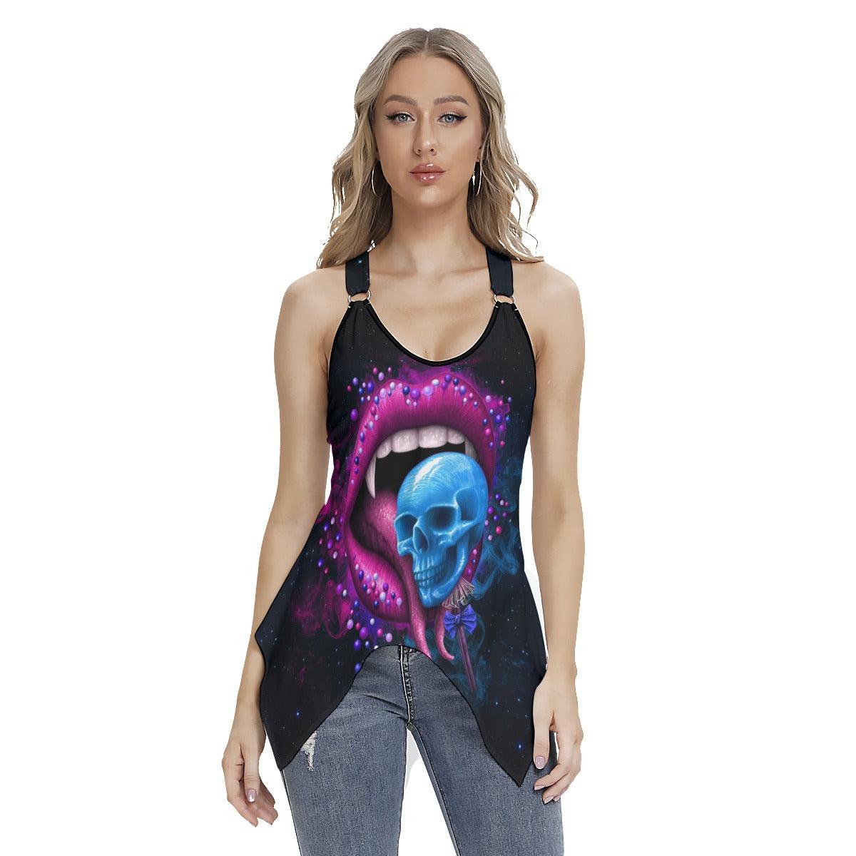 Pink Lips Skull Gothic Women's Racing Tank Top With Irregular - Wonder Skull