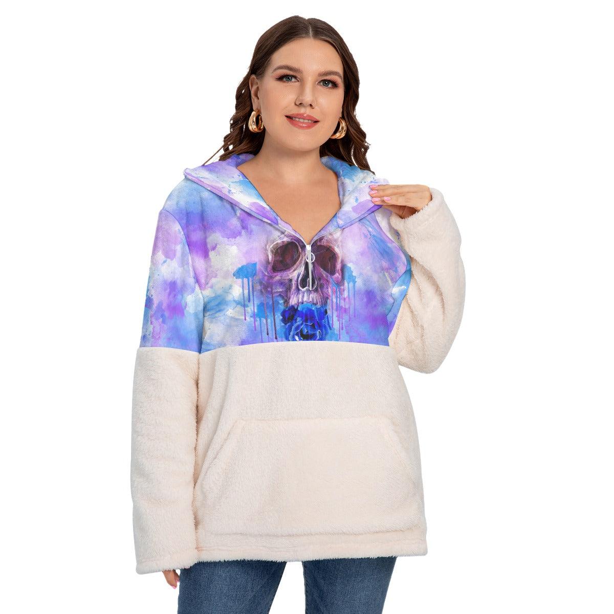 Colorful Skull Borg Fleece Hoodie With Half Zip - Wonder Skull