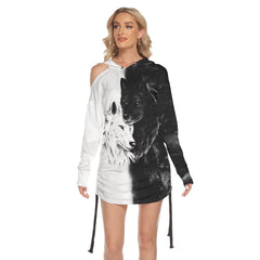 Black White Wolf All Over Print Women One Shoulder Dress With Waist Shirring, Long Hoodie For Women - Wonder Skull