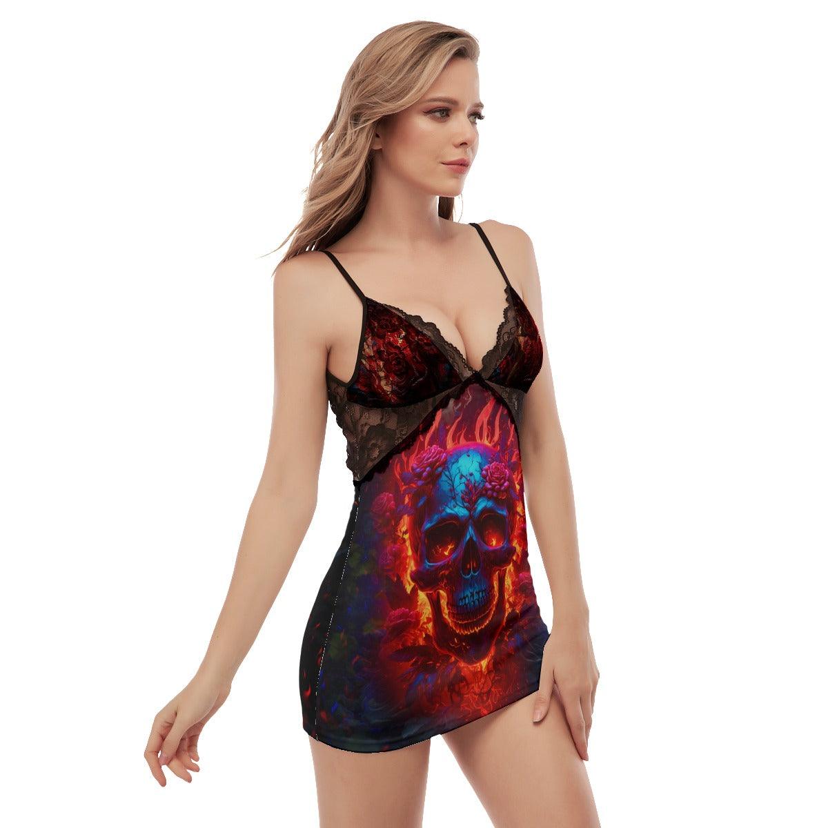 Flaming Skull Back Straps Cami Dress With Lace For Women - Wonder Skull