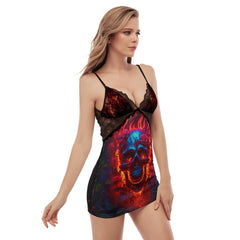 Flaming Skull Back Straps Cami Dress With Lace For Women - Wonder Skull