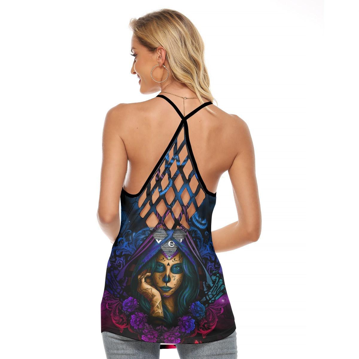 Halloween Sugar Girl Pumpkin Criss-Cross Open Back Tank Top, Hot T-Shirt For Women - Wonder Skull