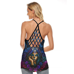 Halloween Sugar Girl Pumpkin Criss-Cross Open Back Tank Top, Hot T-Shirt For Women - Wonder Skull