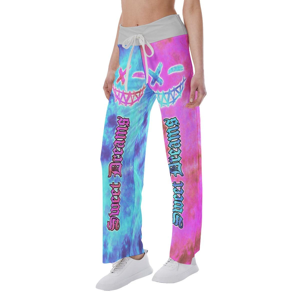 Sweet Dream Tiedye Half Cyan Pink High-waisted Wide Leg Pants - Wonder Skull