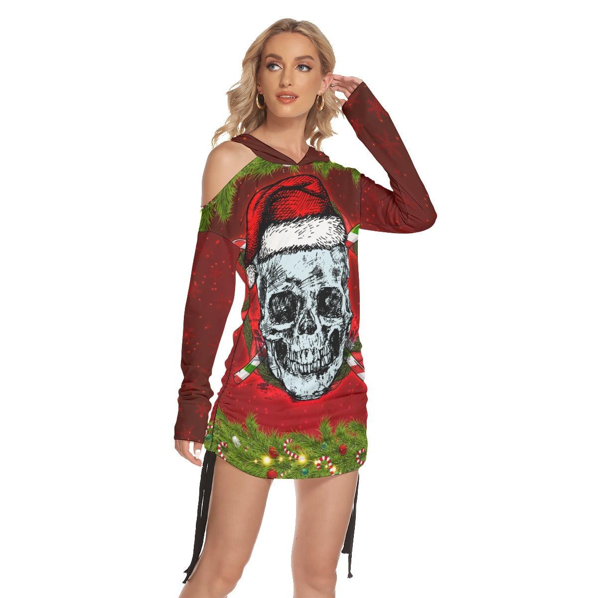 Skull Santa Print Open Shoulder Dress-Wonder Skull