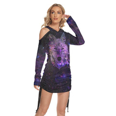 Dark Shadow Wolf All Over Print Women One Shoulder Dress With Waist Shirring, Long Hoodie For Women - Wonder Skull
