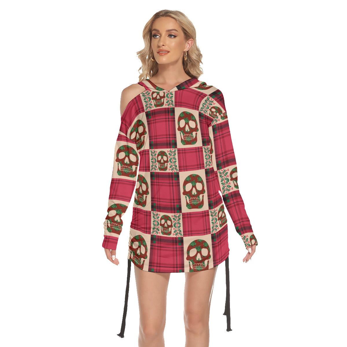 Christmas Red Skull Checked Pattern Print Open Shoulder Dress - Wonder Skull