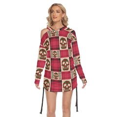Christmas Red Skull Checked Pattern Print Open Shoulder Dress - Wonder Skull
