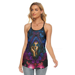 Halloween Sugar Girl Pumpkin Criss-Cross Open Back Tank Top, Hot T-Shirt For Women - Wonder Skull