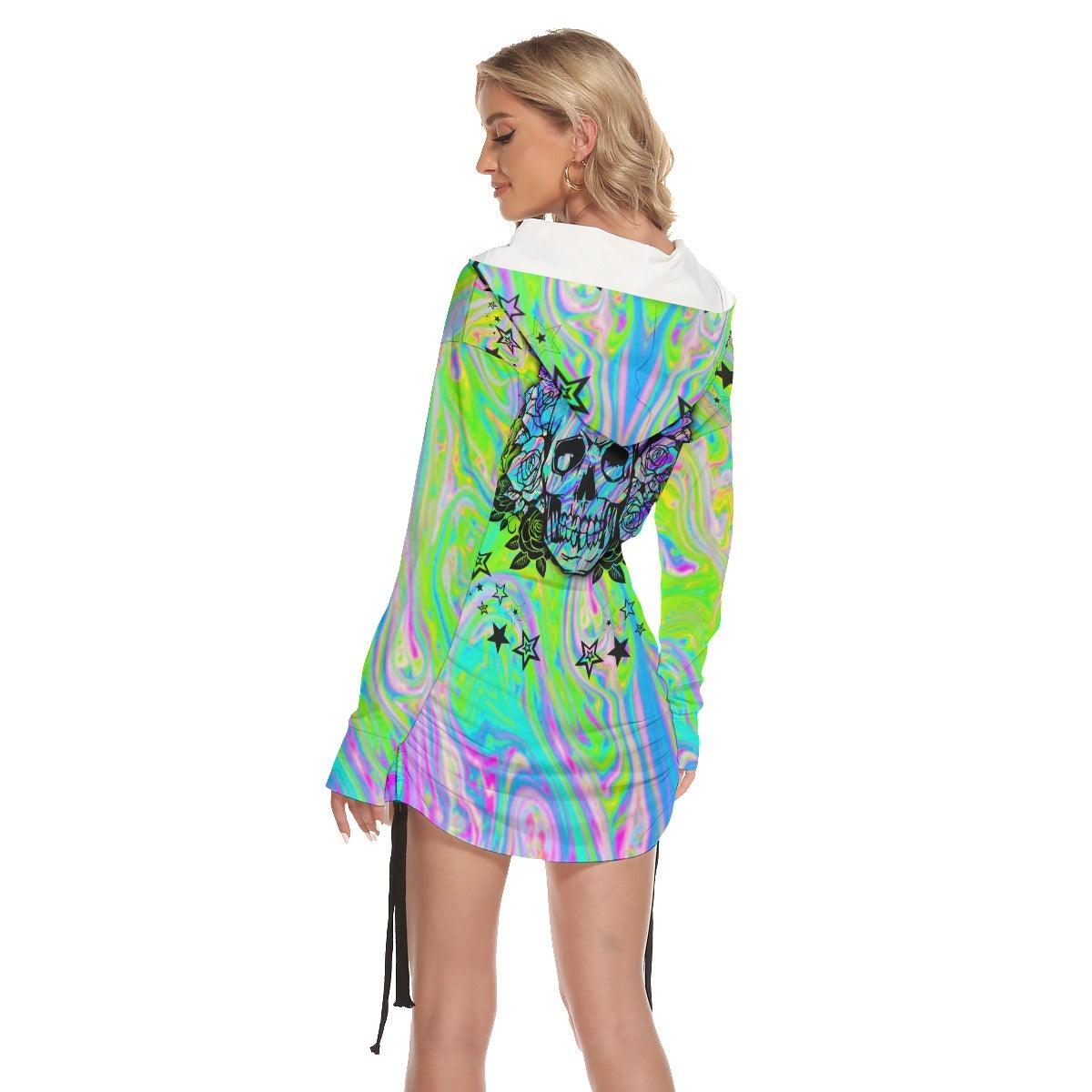 Rainbow Gothic Skull Open Shoulder Dress Hoodie - Wonder Skull