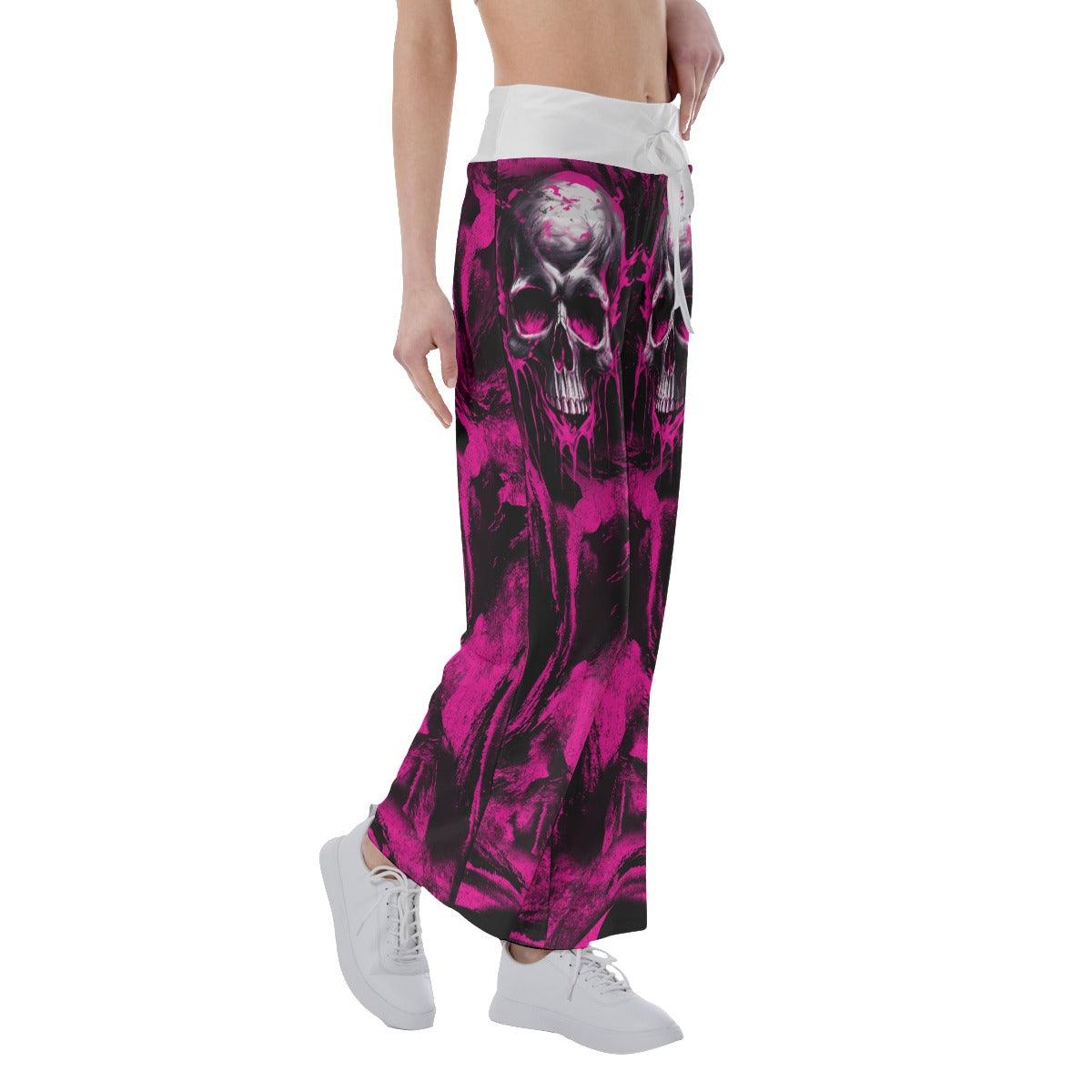 Pink Tornado Skull Psycho High-waisted Wide Leg Pants - Wonder Skull