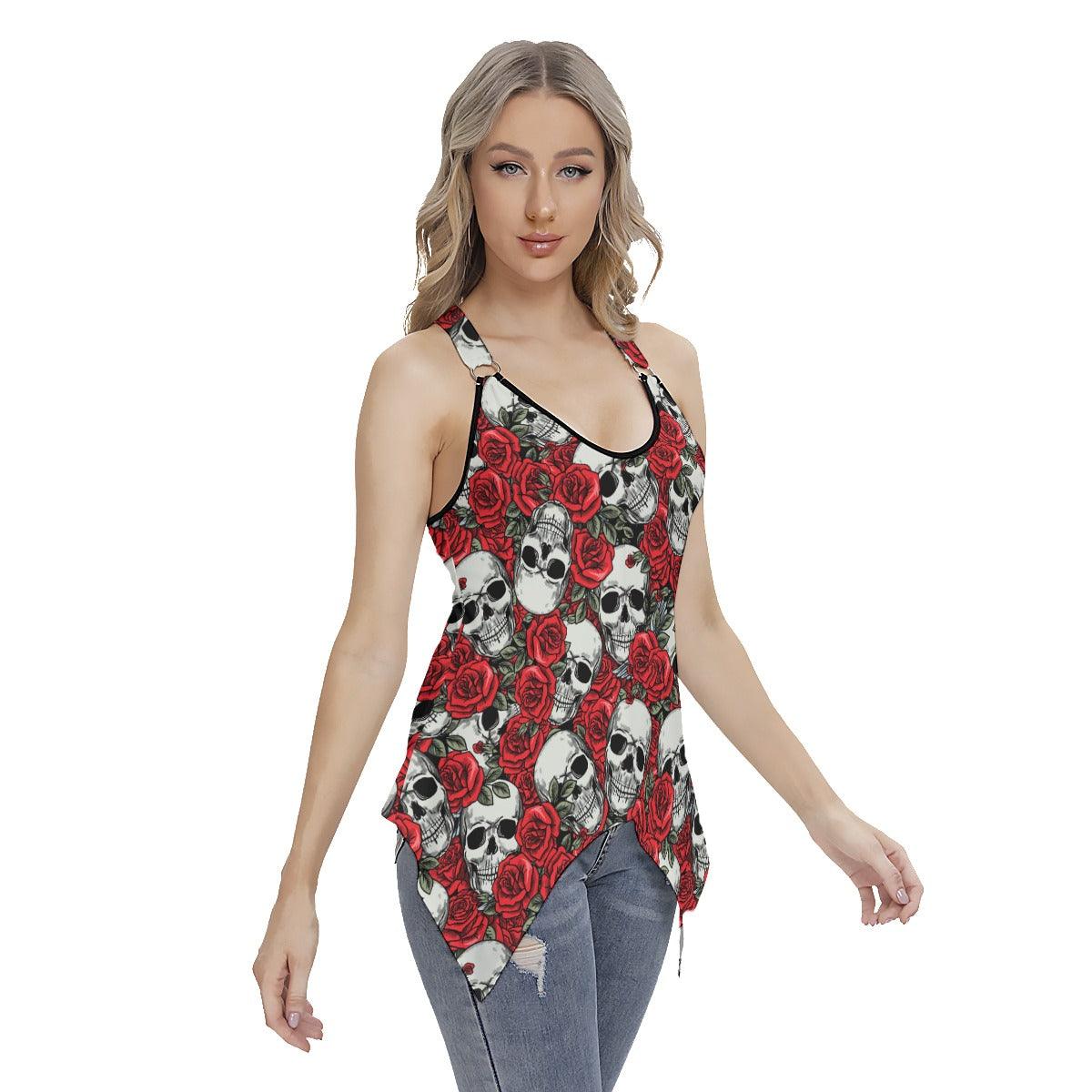 Rose Skull Pattern Gothic Women's Racing Tank Top With Irregular - Wonder Skull