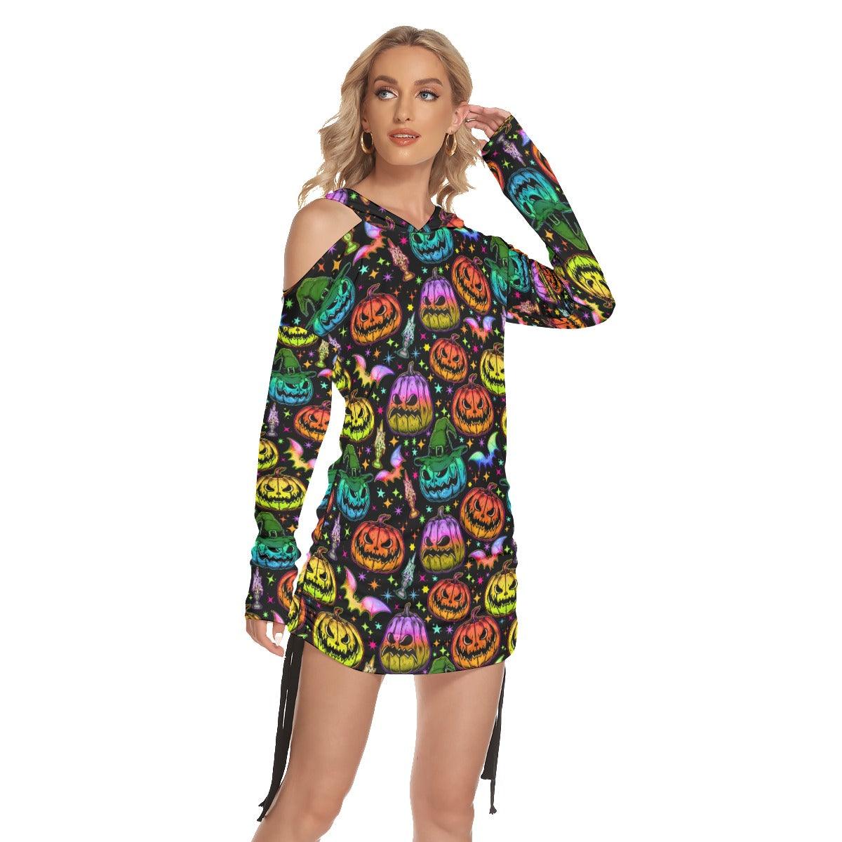 Colorful Halloween All Over Print Women One Shoulder Dress With Waist Shirring, Long Hoodie For Women - Wonder Skull