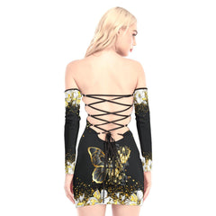 Gold Flowers Butterfly Off-shoulder Back Lace-up Dress - Wonder Skull