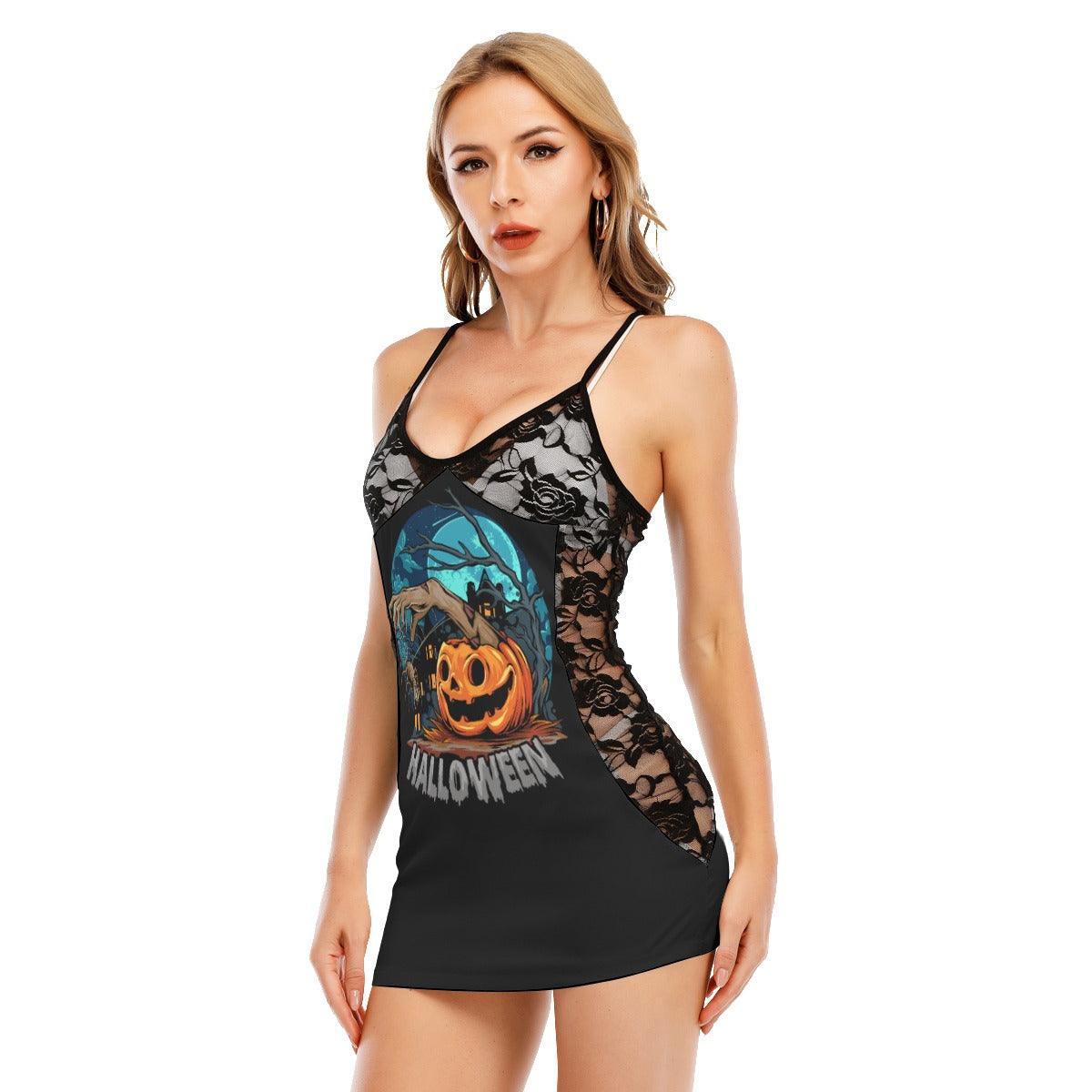 Halloween Pumpkin Spider All-Over Print Women Black Lace Cami Dress, Hot Nightwear For Women - Wonder Skull
