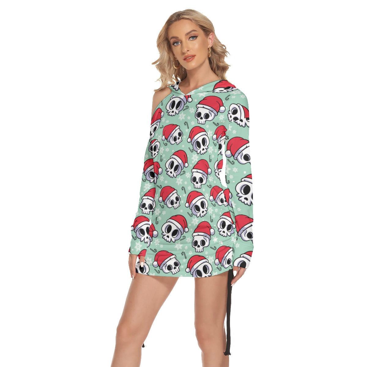 Funny Feliz Navidad Skull Print Open Shoulder Dress - Wonder Skull