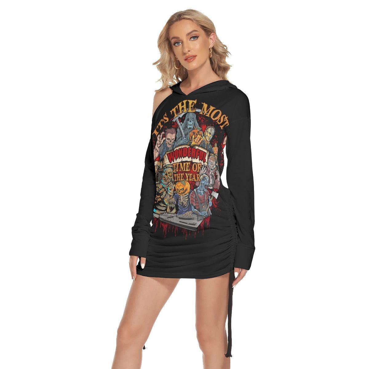 It's The Most Time All Over Print Women One Shoulder Dress With Waist Shirring, Halloween Long Hoodie For Women - Wonder Skull