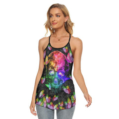 Skull Butterfly Neon Rainbow Criss-Cross Open Back Tank Top - Wonder Skull